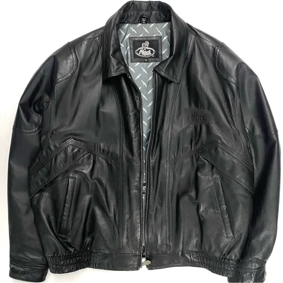 Vintage Mack Truck Men’s Black Quilted Embossed Leather Bomber Jacket Size XXL - Picture 3 of 13